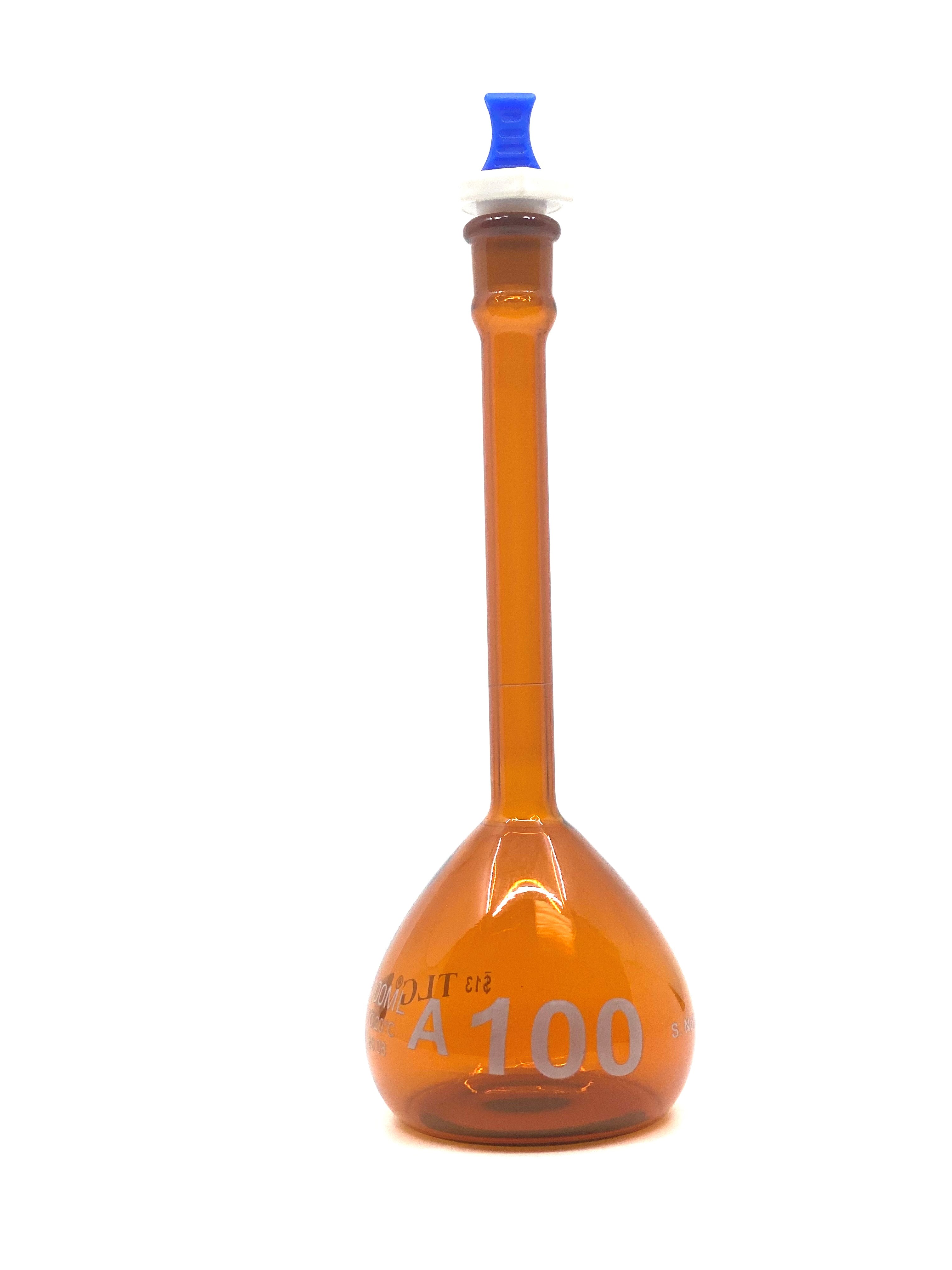 Fioles jaugées, classe A, ambre faiblement actinique, bouche étroite, avec bouchon en polyéthylène, selon les normes USP
