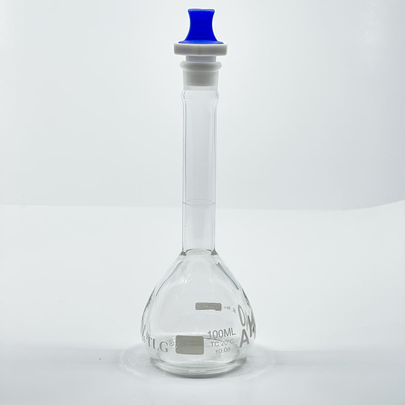 Volumetric Flask, 100mL, Heavy Duty, Clear, Wide Mouth, PE Stopper# 16, Class A, As Per USP Standards