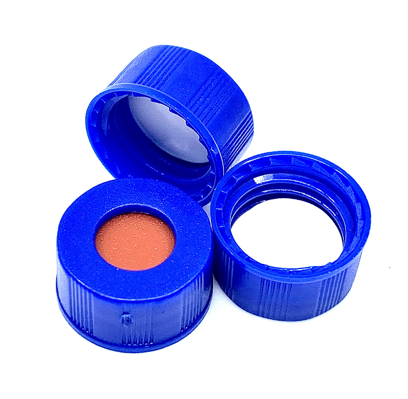 Blue Screw Cap and Septa, Size 9-425, Red PTFE/White Silicone Septa