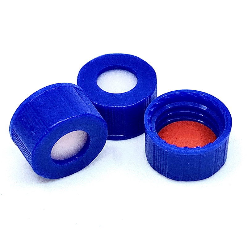 Blue Screw Cap and Bonded Septa, Size 9-425, Red PTFE/White Silicone Septa
